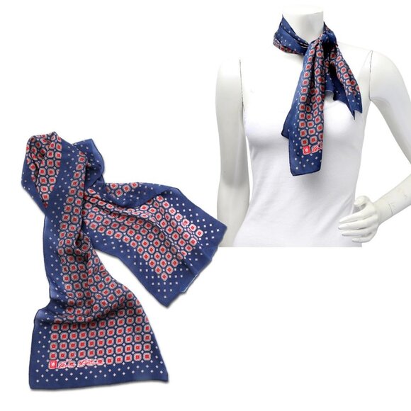 Vintage Anne Klein Silk Neck Hair Scarf Long Geometric Medallion Navy Red - Picture 6 of 6